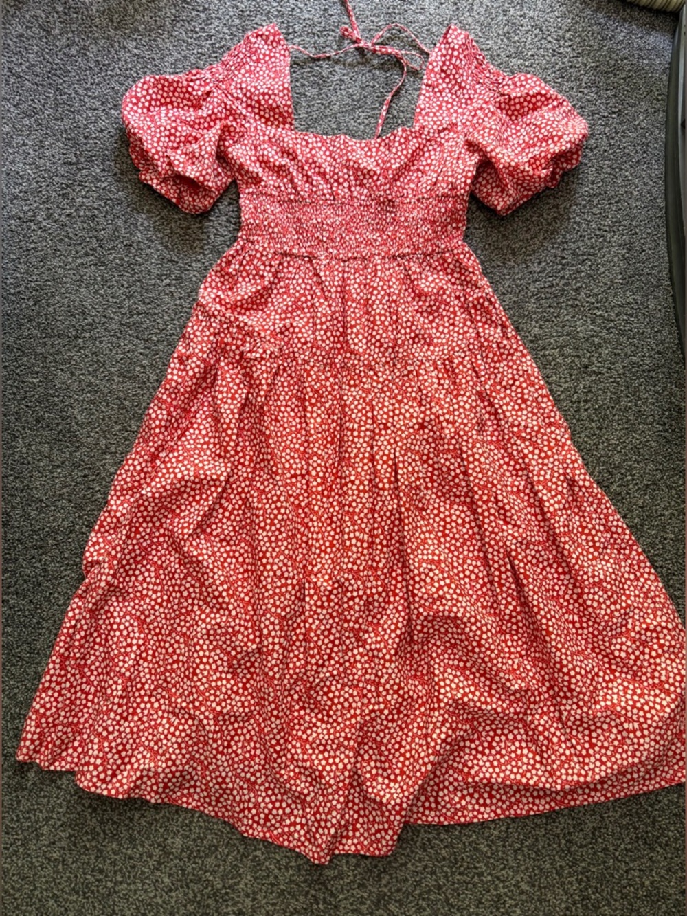 By Anthropologie Puff-Sleeve Smocked Poplin Midi Dress Red Floral Size Small